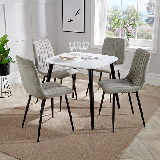 Aspen White Square Dining Table With 4 Light Grey Straight Stitch Fabric Chairs