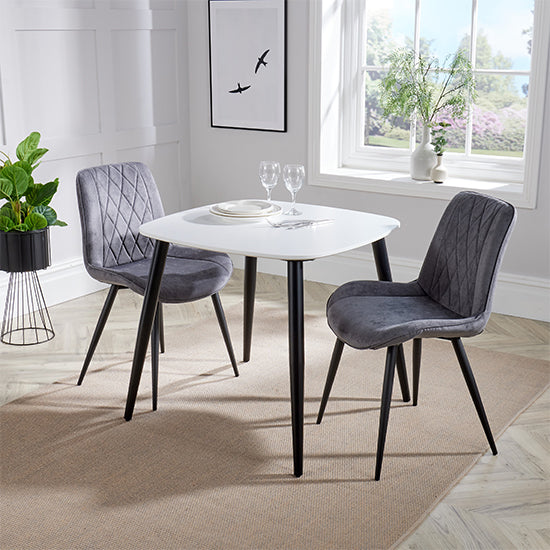 Aspen White Square Dining Table With 2 Grey Diamond Stitch Fabric Chairs