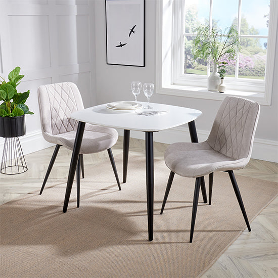 Aspen White Square Dining Table With 2 Light Grey Diamond Stitch Fabric Chairs