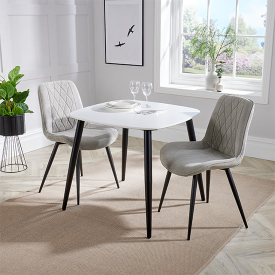 Aspen White Square Dining Table With 2 Natural Diamond Stitch Fabric Chairs