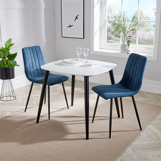 Aspen White Square Dining Table With 2 Blue Straight Stitch Fabric Chairs