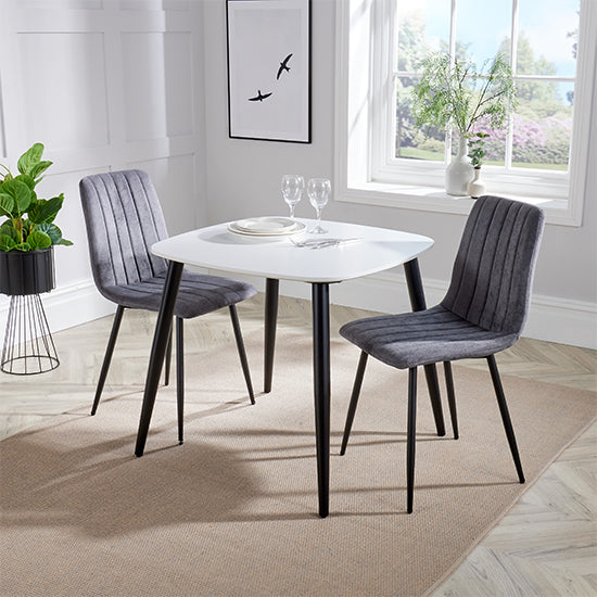 Aspen White Square Dining Table With 2 Grey Straight Stitch Fabric Chairs