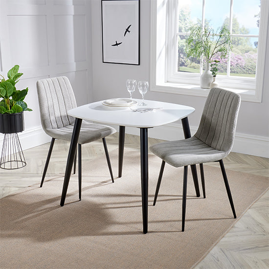 Aspen White Square Dining Table With 2 Light Grey Straight Stitch Fabric Chairs