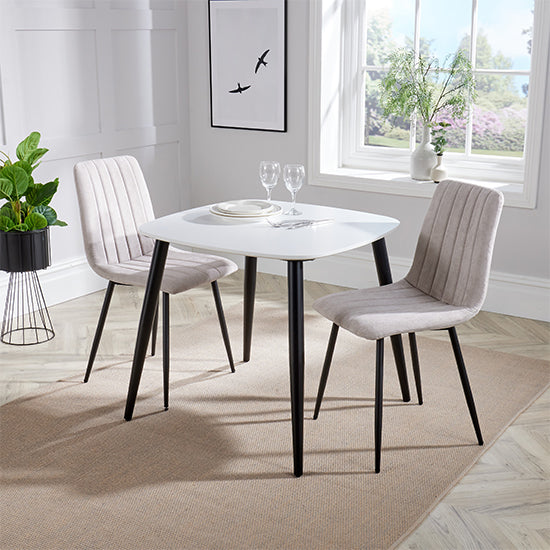 Aspen White Square Dining Table With 2 Natural Straight Stitch Fabric Chairs