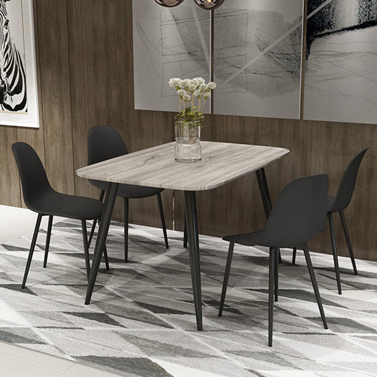 Aspen Grey Oak Rectangular Dining Table With 4 Black Curve Plastic Chairs