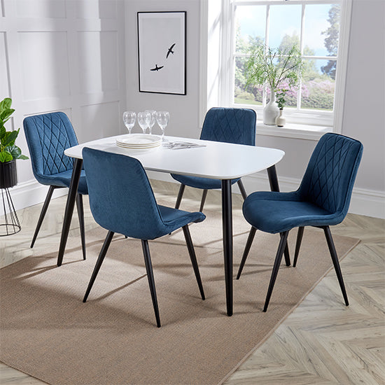 Aspen White Rectangular Dining Table With 4 Blue Diamond Stitch Fabric Chairs