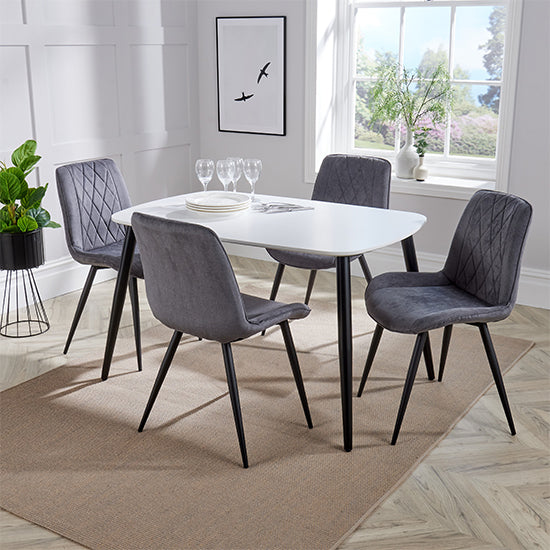 Aspen White Rectangular Dining Table With 4 Grey Diamond Stitch Fabric Chairs