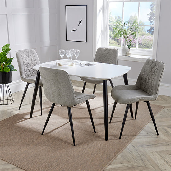 Aspen White Rectangular Dining Table With 4 Light Grey Diamond Stitch Fabric Chairs