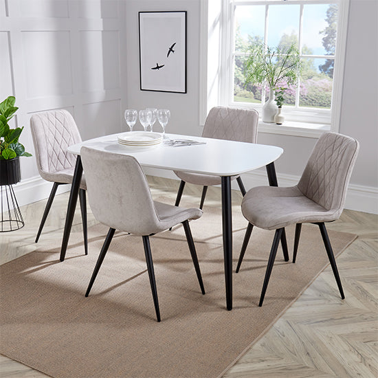 Aspen White Rectangular Dining Table With 4 Natural Diamond Stitch Fabric Chairs