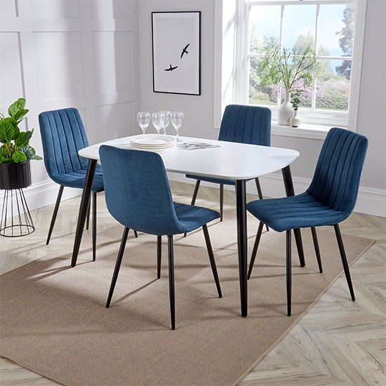 Aspen White Rectangular Dining Table With 4 Blue Straight Stitch Fabric Chairs