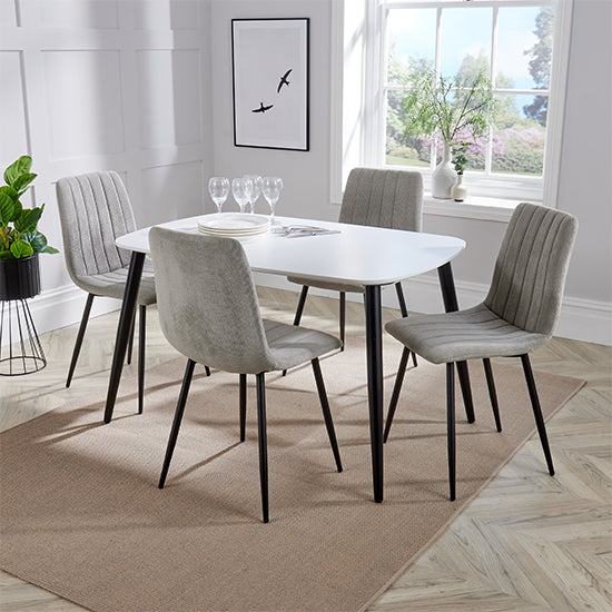 Aspen White Rectangular Dining Table With 4 Light Grey Straight Stitch Fabric Chairs