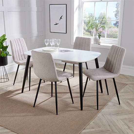 Aspen White Rectangular Dining Table With 4 Natural Straight Stitch Fabric Chairs