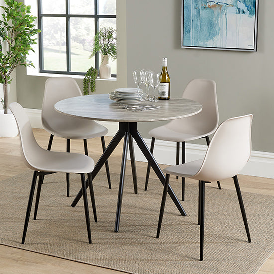 Aspen Grey Oak Round Dining Table With 4 Calico Curve Plastic Chairs