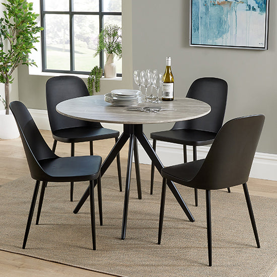 Aspen Grey Oak Round Dining Table With 4 Black Duo Plastic Chairs