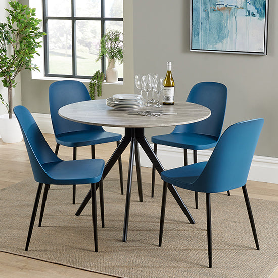 Aspen Grey Oak Round Dining Table With 4 Blue Duo Plastic Chairs