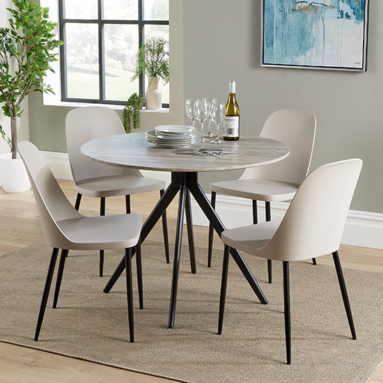 Aspen Grey Oak Round Dining Table With 4 Calico Duo Plastic Chairs