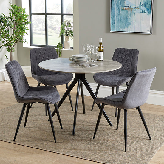 Aspen Grey Oak Round Dining Table With 4 Grey Fabric Chairs