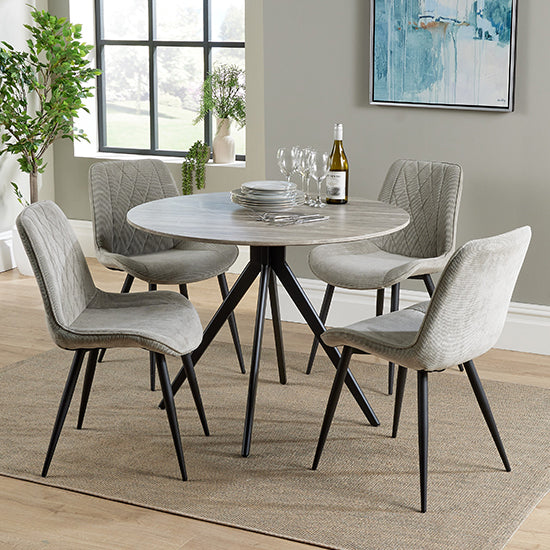 Aspen Grey Oak Round Dining Table With 4 Light Grey Fabric Chairs