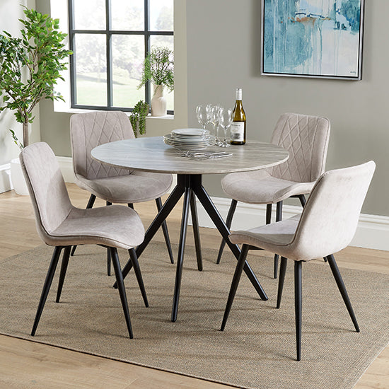 Aspen Grey Oak Round Dining Table With 4 Natural Fabric Chairs