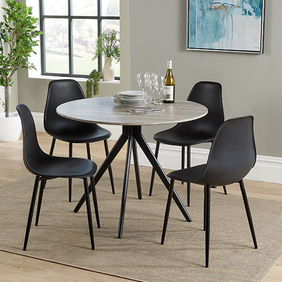 Aspen Grey Oak Round Dining Table With 4 Black Curve Plastic Chairs