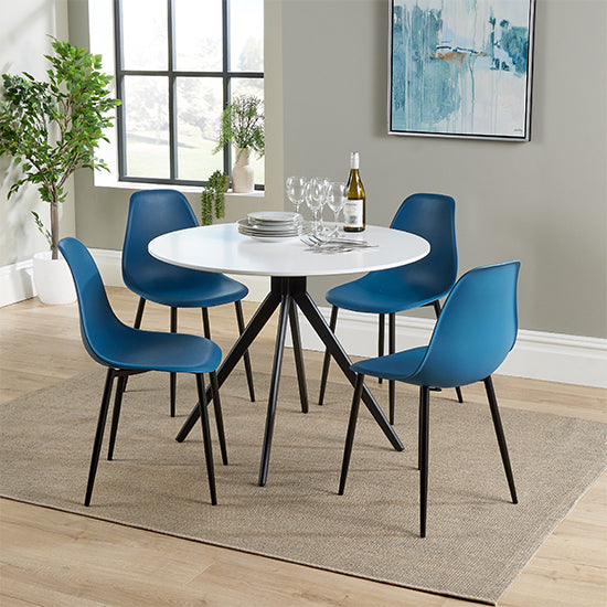 Aspen White Round Dining Table With 4 Blue Curve Plastic Chairs