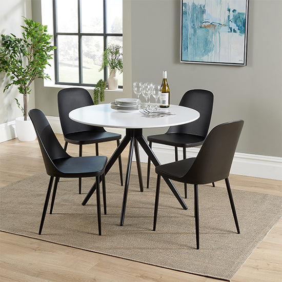 Aspen White Round Dining Table With 4 Black Duo Plastic Chairs