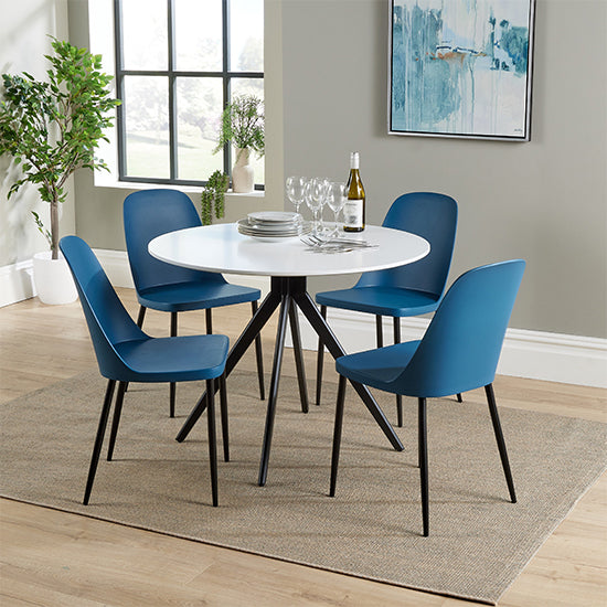 Aspen White Round Dining Table With 4 Blue Duo Plastic Chairs