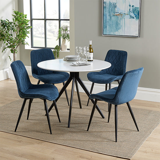 Aspen White Round Dining Table With 4 Blue Diamond Stitch Fabric Chairs