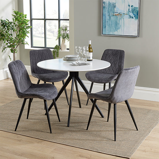 Aspen White Round Dining Table With 4 Grey Diamond Stitch Fabric Chairs