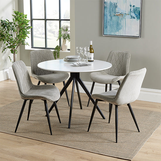 Aspen White Round Dining Table With 4 Light Grey Diamond Stitch Fabric Chairs