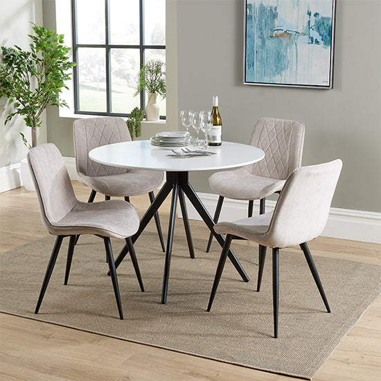 Aspen White Round Dining Table With 4 Natural Diamond Stitch Fabric Chairs