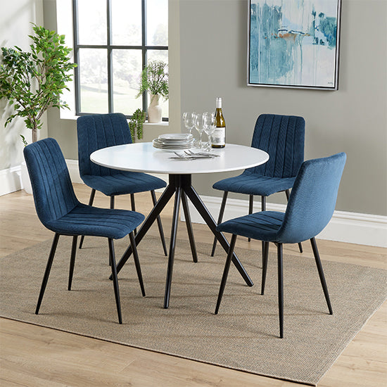 Aspen White Round Dining Table With 4 Blue Straight Stitch Fabric Chairs