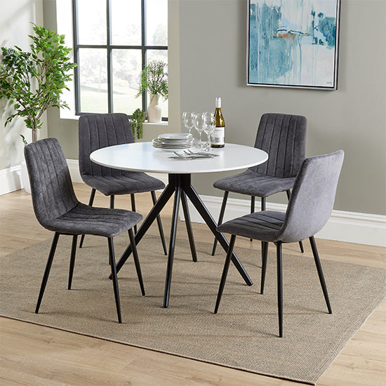 Aspen White Round Dining Table With 4 Grey Straight Stitch Fabric Chairs