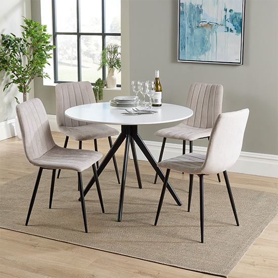 Aspen White Round Dining Table With 4 Natural Straight Stitch Fabric Chairs