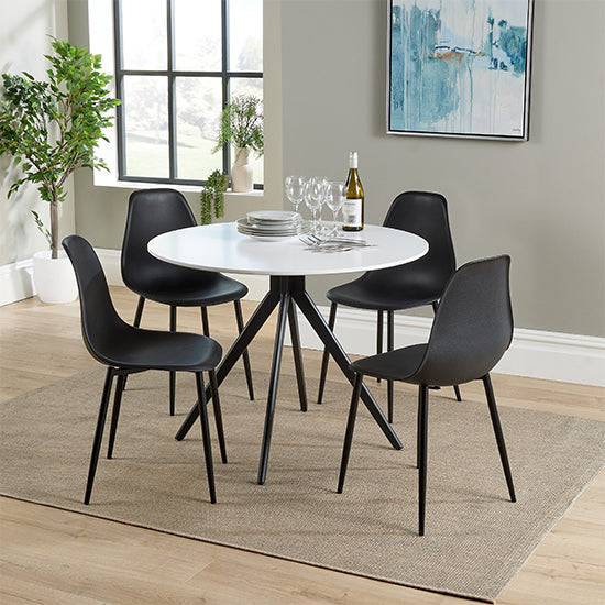 Aspen White Round Dining Table With 4 Black Curve Plastic Chairs