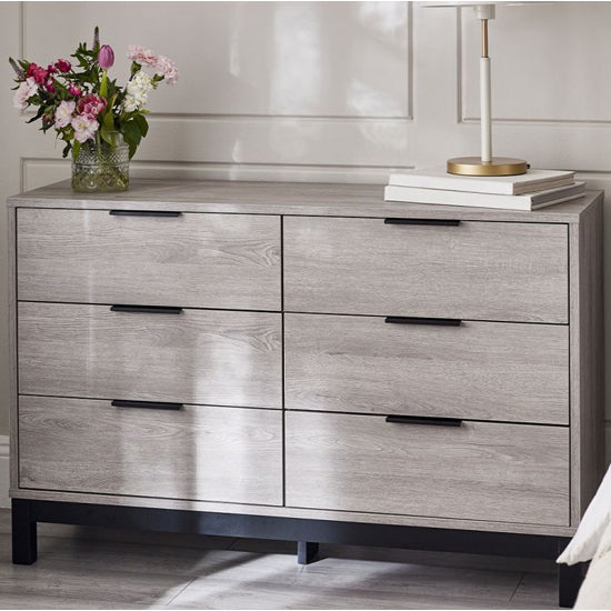 Bali Wide Wooden Chest Of 6 Drawers In Grey Oak