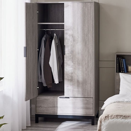 Bali Wooden Wardrobe With 2 Doors 1 Drawer In Grey Oak