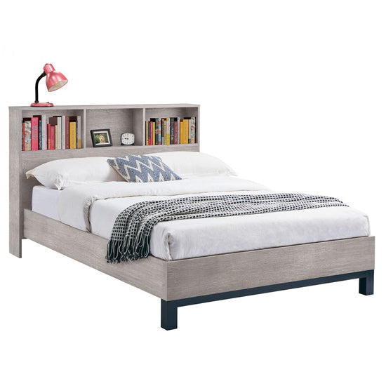 Bali Wooden Single Bed With Bookcase Headboard In Grey Oak