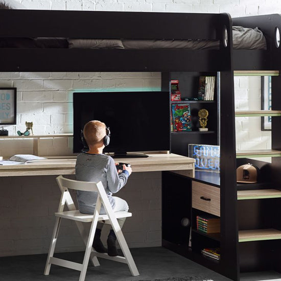 Blaze Wooden Highsleeper Bunk Bed With Gaming Desk In Black And Pale Wood