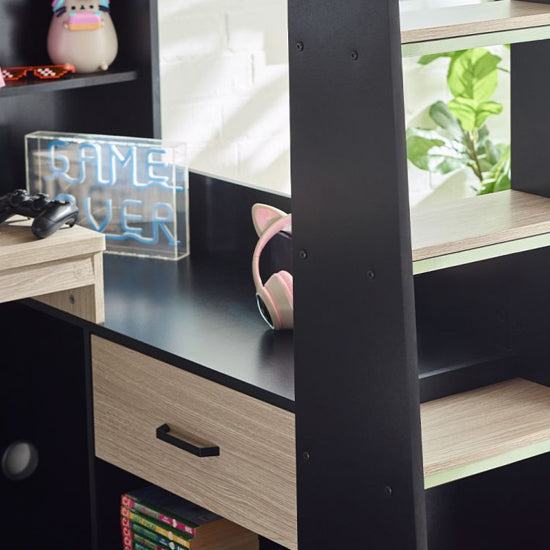 Blaze Wooden Highsleeper Bunk Bed With Gaming Desk In Black And Pale Wood