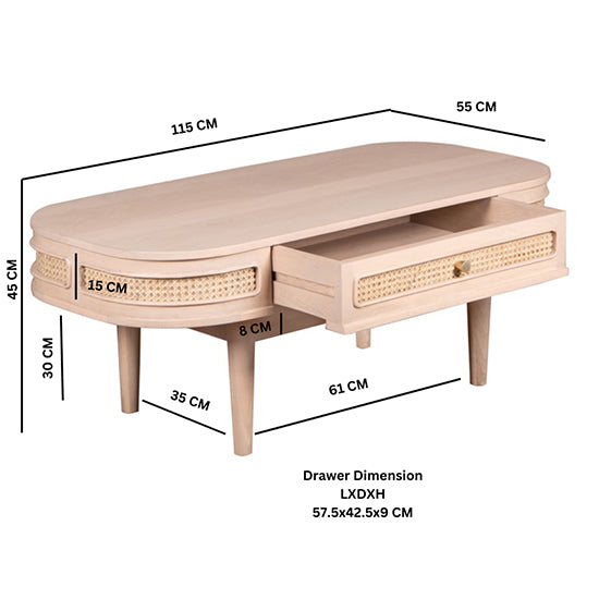 Valencia Cane & Mango Wood Coffee Table With 1 Drawer In Natural