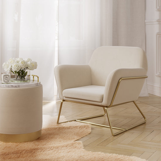 Charles Velvet Armchair In Cream With Brushed Gold Legs