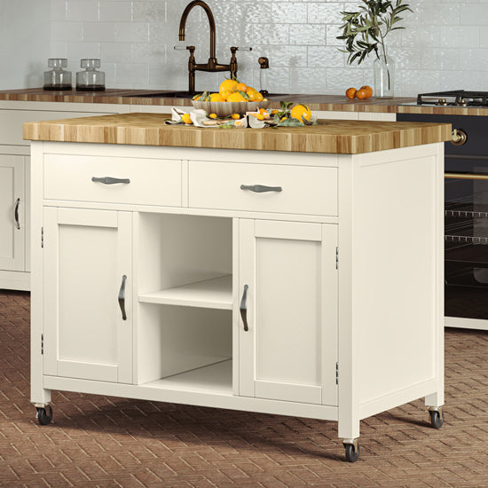 Kora Wooden Kitchen Island With Butchers Block In Cream