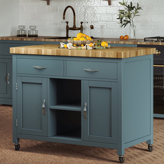 Kora Wooden Kitchen Island With Butchers Block In Blue