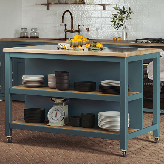 Kora Wooden Kitchen Island Open With Breakfast Bar In Blue