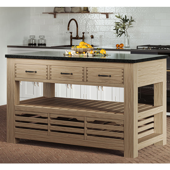 Kora Black Granite Top Kitchen Island With 3 Drawers In Oak