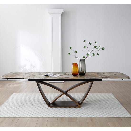 Lavish Extending Italian Ceramic Dining Table In Matt Ivory And Emerald Vein