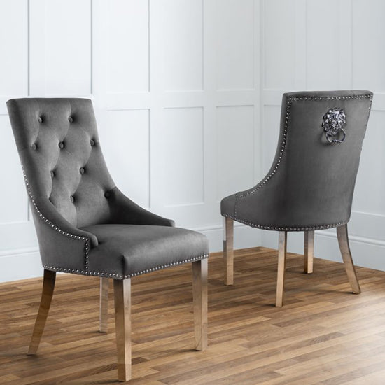 Gladstone Grey Velvet Lion Head Dining Chairs In Pair