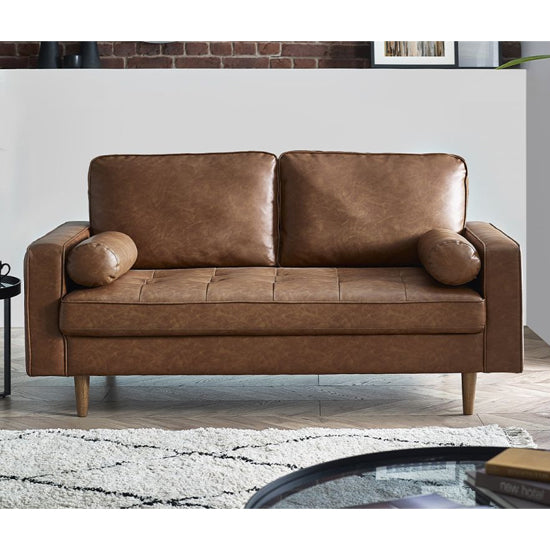 Henley Faux Leather 3 Seater Sofa With Bolsters In Brown Tan