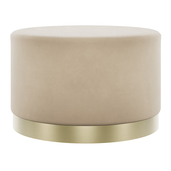 Lara Large Round Velvet Pouffe In Beige With Brushed Gold Base